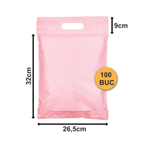 Set 100 bucăți Pungi Curierat Roz cu Mâner, 26.5x32+9+5cm, 60my